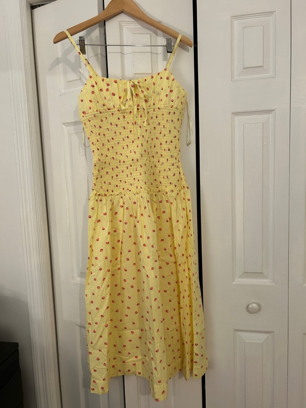 NWOT Free People Yellow Midi Dress with Red Strawberry Design Print sz S